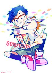 1boy animal animal_hug black_eyes black_socks blue_hair character_name claws digimon digimon_(creature) digimon_adventure gomamon kido_jo kitaya male_focus one_eye_closed open_mouth red_shoes shoes short_hair sitting socks white_background wristband