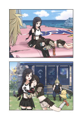 1boy 2girls :3 absurdres asami_yutori buster_sword chocobo cloud_strife crop_top final_fantasy final_fantasy_vii final_fantasy_vii_rebirth final_fantasy_vii_remake highres hug lap_pillow multiple_girls navel short_shorts shorts sick sitting skirt sleeveless sleeveless_turtleneck spiked_hair stomach suspender_skirt suspenders tifa_lockhart turtleneck yuffie_kisaragi