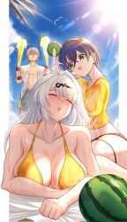 Rule 34 | 1boy, 2girls, abs, ahoge, belle (zenless zone zero), bikini, blood, blue hair, blush, breasts, closed eyes, collared shirt, crossed bangs, day, food, fruit, green eyes, grey hair, hair between eyes, hair ornament, highres, large breasts, letter hair ornament, long hair, looking at another, lying, multiple girls, nosebleed, on stomach, open clothes, open mouth, open shirt, outdoors, penguintake, shirt, short hair, short sleeves, smile, sunlight, swimsuit, thigh strap, watermelon, wet, white hair, white shirt, wise (zenless zone zero), yellow bikini, yellow shirt, yixuan (zenless zone zero), zenless zone zero