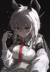 1girl absurdres ahoge armband bags_under_eyes black_armband black_hair breasts chest_harness closed_mouth collared_shirt commentary curled_horns dark_background grey_hair hair_between_eyes hand_up harness highres horns kucu large_breasts long_hair looking_at_viewer mole mole_under_eye necktie red_eyes red_necktie shirt solo upper_body white_shirt wuthering_waves zani_(wuthering_waves)