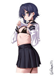 1girl artist_name bikini black_bikini black_choker blush breasts brown_eyes choker clothes_lift commentary_request cropped_legs ebifurya hair_between_eyes hair_intakes hands_up high-waist_skirt highres i-14_(kancolle) kantai_collection lifting_own_clothes long_sleeves looking_at_viewer miniskirt navel one-hour_drawing_challenge pleated_skirt purple_hair sailor_collar shirt shirt_lift sidelocks simple_background skirt small_breasts smile solo swimsuit twisted_torso twitter_username white_background white_shirt