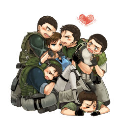 1girl beard_stubble black_gloves black_hair blue_eyes blush brown_hair chris_redfield closed_eyes crossed_legs facial_hair fingerless_gloves gloves headset heart hug jill_valentine multiple_persona pants resident_evil sakura3914 stubble