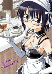 1girl black_eyes black_hair breasts cleavage coffee detached_collar elbow_gloves food fork glasses gloves hidamari_sketch highres holding holding_tray indoors knives_(knives777) large_breasts maid pie pie_slice sae_(hidamari_sketch) short_hair smile solo tray white_gloves