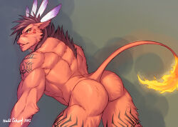 1boy arm_markings artist_name ass bara biceps commentary english_commentary facial_mark feather_hair_ornament feathers fiery_tail final_fantasy final_fantasy_vii from_behind furry furry_male hair_ornament leg_markings looking_at_viewer looking_back male_focus mane muscular muscular_male null-ghost open_mouth red_fur red_xiii tail tongue tongue_out