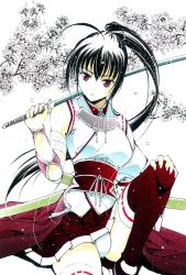 1girl bad_id bad_pixiv_id black_hair female_focus japanese_clothes katana moonsorrow original panties petals ponytail purple_eyes solo sword thighhighs traditional_media underwear weapon white_background