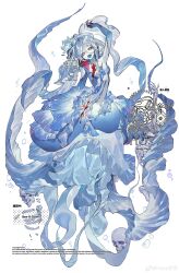 Rule 34 | 1girl, absurdres, arm up, blood, blue hair, blue pupils, blue skin, blue tongue, breasts, bubble, chinese commentary, claws, colored skin, colored tongue, commentary request, commission, food, full body, hair between eyes, hand up, highres, hoya yaya, jellyfish, jellyfish girl, long hair, looking at viewer, meat, medium breasts, monster girl, open mouth, original, sample watermark, skeleton, skull, solo, standing, symbol-shaped pupils, tongue, tongue out, very long hair, watermark, white background