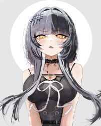 1girl black_choker black_dress black_hair breasts choker cleavage commentary dress grey_hair hair_ornament highres hololive hololive_english kozimo123456 large_breasts light_blush long_hair looking_at_viewer multicolored_hair open_mouth ribbon shiori_novella shiori_novella_(1st_costume) solo split-color_hair two-tone_hair virtual_youtuber white_ribbon yellow_eyes