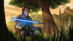 Rule 34 | 1boy, anakin skywalker, black gloves, blue lightsaber, closed eyes, energy sword, gabriel carati, gloves, grass, grey robe, highres, lightsaber, meditation, outdoors, robe, scar, scar across eye, scar on face, sitting, solo, star wars, sword, telekinesis, tree, weapon