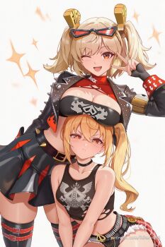 Rule 34 | black jacket, black skirt, blonde hair, breasts, burnice white, eyewear on head, highres, jacket, large breasts, looking at viewer, luciana de montefio, red eyes, simple background, skirt, smile, sunglasses, zenless zone zero