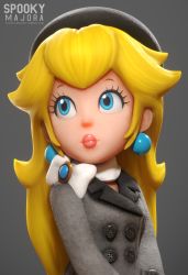 1girl 3d artist_name beret black_background black_coat black_footwear black_hat blender_(medium) blonde_hair blue_eyes bow buttons closed_mouth coat earrings eyelashes hat highres jewelry light_smile lips long_hair long_sleeves looking_away mario_(series) nintendo nose pink_lips princess_peach scarf scarf_bow sidelocks simple_background solo spooky-majora super_mario_odyssey thick_lips tumblr_username upper_body watermark web_address white_scarf winter_clothes