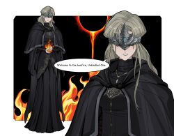 1girl 88rfnzknbhuc5sy absurdres black_cape black_capelet black_dress blonde_hair cape capelet covered_eyes dark_souls_(series) dark_souls_iii dress english_text fire fire_keeper full_body grin hashtag-only_commentary highres long_hair long_sleeves looking_at_viewer smile solo