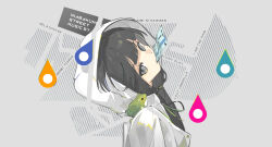 1girl absurdres animal animal_on_shoulder black_hair coat commentary english_text expressionless frog frog_on_shoulder from_side grey_background grey_eyes hair_tie highres hood hood_up hooded_coat inabakumori irple long_hair looking_at_viewer low_twintails map map_(object) map_background map_pin mouth_hold osage_(nukunuku_nigirimeshi) profile raincoat rainy_boots_(vocaloid) shaft_look sideways_glance solo song_name songover symbol-only_commentary twintails white_coat white_raincoat