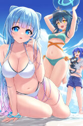 Rule 34 | 1boy, 2girls, akirappy, amida (monster strike), animal, aqua eyes, aqua hair, blue hair, bracelet, cat, green hair, hallelujah (monster strike), highres, holding, holding animal, holding cat, jewelry, monster strike, multicolored hair, multiple girls, neo (monster strike), pink hair, power symbol-shaped pupils, sky, swimsuit, symbol-shaped pupils, wet, white hair, yellow eyes
