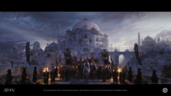6+boys adam_isailovic antonin_rocher armor artist_collaboration bridge castle city cloak crowd desert dome english_text flag highres holding holding_polearm holding_weapon horseback_riding jennifer_nicolas letterboxed marceau_nakayama matteo_paolini mauger_baptiste multiple_boys original palace polearm riding sky sunset temple torch tower turban veil violeta_vasiljevic walking weapon white_cloak white_headwear