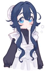 1girl alternate_costume blue_eyes blue_hair blush bun_cover closed_mouth commentary dot_mouth enmaided female_focus hair_between_eyes hair_bun hair_intakes highres kimi_no_koto_ga_dai_dai_dai_dai_daisuki_na_100-nin_no_kanojo kingjoshua long_hair long_sleeves looking_at_viewer maid puffy_long_sleeves puffy_sleeves sidelocks simple_background single_hair_bun solo white_background yoshimoto_shizuka