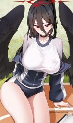 1girl absurdres artist_name black_buruma black_hair black_wings blue_archive blush breasts buruma closed_mouth cowboy_shot feathered_wings gym_shirt halo hasumi_(blue_archive) hasumi_(track)_(blue_archive) highres jacket kana_yukino large_breasts long_hair long_sleeves long_torso mole mole_under_eye official_alternate_costume patreon_username ponytail red_eyes red_halo shirt sitting solo track_jacket very_long_hair white_shirt wings