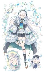 Rule 34 | 1girl, :o, ;), absurdres, birdcage, black hairband, black ribbon, black shorts, black socks, blush, borrowed character, bow, bowtie, cage, chibi, commentary, commission, frilled hairband, frills, full body, green bow, green bowtie, green eyes, grey hair, hairband, highres, long hair, long sleeves, looking at viewer, mirror, multiple views, neck ribbon, one eye closed, original, parted lips, ribbon, shirt, shoes, shorts, simple background, skeb commission, sleeve bow, sleeves past fingers, sleeves past wrists, smile, socks, standing, standing on one leg, tsukiyo (skymint), white background, white shirt, white shoes, wide sleeves