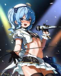1girl absurdres back_bow bikini black-framed_eyewear black_bikini black_necktie black_thighhighs blue_eyes blue_hair blush bow breasts choker crown detached_collar flat_chest frilled_wrist_cuffs frills hair_between_eyes hat hepari highleg highleg_bikini highres holding holding_microphone hololive hoshimachi_suisei looking_at_viewer microphone multicolored_skirt navel necktie open_clothes open_mouth open_shirt plaid_clothes reaching reaching_towards_viewer shirt side_ponytail skirt smile solo stage star_(symbol) star_in_eye sweat swimsuit symbol_in_eye thighhighs virtual_youtuber white_shirt wrist_cuffs