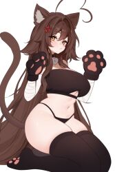 1girl ahoge anger_vein animal_ear_fluff animal_ears animal_hands bandaged_arm bandages black_thighhighs breasts brown_eyes brown_hair cat_ears cat_girl cat_tail cleavage closed_mouth clothing_cutout commentary extra_ears gloves hair_between_eyes hair_intakes hands_up heart heart_ahoge highres huge_ahoge indie_virtual_youtuber kemonomimi_mode looking_at_viewer navel paw_gloves paw_pose seiza sitting sky_above_me sky_above_me_(vtuber) solo tail thick_thighs thighhighs thighs underboob_cutout virtual_youtuber