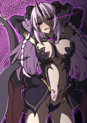 1girl absurdres ahoge aoi_tabane armpits arms_behind_head arms_up black_horns blush braid breasts center_opening corruption cosplay cowboy_shot crossover dark_persona demon_girl demon_horns demon_tail demon_wings gloves glowing glowing_eye glowing_eyes heart highres horns kamiizumi_yuuri large_breasts long_hair looking_at_viewer luxtia luxtia_(cosplay) navel open_mouth pink_hair pointy_ears pubic_tattoo purple_eyes revealing_clothes showgirl_skirt shukusei_no_girlfriend_-the_destiny_star_of_girlfriend- single_horn smile solo stomach_tattoo tail tattoo twin_braids wings
