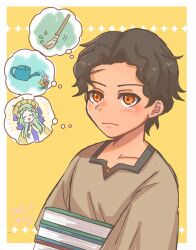 1boy brown_hair closed_mouth cyril_(fire_emblem) dark-skinned_male dark_skin fire_emblem fire_emblem:_three_houses highres looking_at_viewer male_focus nintendo red_eyes rhea_(fire_emblem) short_hair solo speech_bubble thought_bubble upper_body yuurifeh
