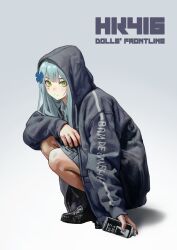 1girl alternate_costume arm_on_knee bare_legs black_hoodie black_skirt blue_hair blush boots casual character_name copyright_name cross expressionless facepaint from_side full_body girls&#039;_frontline green_eyes hair_ornament hairclip highres hk416_(girls&#039;_frontline) hood hood_down hoodie iron_cross knees_to_chest leaning_forward long_hair looking_at_viewer miniskirt niud open_clothes open_hoodie pleated_skirt skirt solo spray_paint squatting staring teardrop very_long_hair