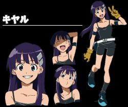 00s bike_shorts reference_sheet fang flat_chest gloves kiyal_bachika long_hair looking_at_viewer lowres purple_hair smile tengen_toppa_gurren_lagann