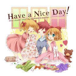 Rule 34 | 3girls, absurdres, ana (mother), bag, blonde hair, blush, bow, breasts, closed eyes, dress, english text, green eyes, grin, hair bow, handbag, happy, heart, highres, jewelry, kumatora, medium hair, mother (series), mother 1, mother 2, mother 3, multiple girls, nagomaru, necklace, nintendo, one eye closed, open mouth, paula (mother 2), pearl necklace, pink dress, pink hair, red bow, red eyes, short hair, short twintails, skirt, small breasts, smile, socks, stuffed animal, stuffed toy, teddy bear, twintails, unworn dress, unworn skirt, wavy hair, white bow, white socks