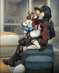 2girls ahoge black_boots black_gloves black_hair black_jacket black_pants blonde_hair boots brown_boots chickenapple33 closed_eyes closed_mouth combat_knife female_commander_(girls&#039;_frontline) fingerless_gloves from_side full_body girls&#039;_frontline girls&#039;_frontline_2:_exilium gloves hashtag-only_commentary hat headpat headphones highres holding holding_unworn_clothes holding_unworn_hat indoors jacket knife long_hair medium_hair multicolored_jacket multiple_girls nagant_(girls&#039;_frontline_2) nagant_revolver_(girls&#039;_frontline) open_mouth pants pouch red_eyes red_jacket red_scarf scarf sheath sheathed sitting smile thighhighs two-tone_jacket unworn_hat unworn_headwear weapon white_mouth white_thighhighs