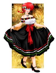 1girl absurdres blue_eyes braid dress earrings genderswap genderswap_(mtf) highres jewelry mexican_dress mexico necklace omiiverse ranma-chan ranma_1/2 red_hair saotome_ranma single_braid solo