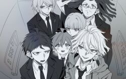1girl 5boys ahoge beard_stubble blunt_bangs blush collared_shirt crossed_arms danganronpa_(series) drawstring dreadlocks elevator facial_hair formal_clothes from_above glasses greyscale hagakure_yasuhiro hair_between_eyes hair_intakes heavy_breathing highres hinata_hajime hood hooded_jacket jacket kirigiri_kyoko komaeda_nagito lapel_pin long_hair monochrome multiple_boys mustache_stubble naegi_makoto necktie ponytail round_eyewear runchelnln sandwiched shirt short_hair small_sweatdrop smile stubble suit togami_byakuya