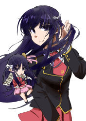 Rule 34 | 1girl, absurdres, armor, baka to test to shoukanjuu, black jacket, blazer, blush, blush stickers, bow, chibi, collared shirt, cowboy shot, dress shirt, fumizuki academy school uniform, gold trim, hair between eyes, hair bow, hand in own hair, hatching (texture), highres, jacket, japanese armor, jitome, katana, kirishima shouko, linear hatching, long hair, long sleeves, looking at viewer, multiple persona, necktie, pink skirt, pleated skirt, purple eyes, purple hair, red jacket, red neckwear, school uniform, sheath, shirt, short necktie, skirt, smile, standing, sword, tamaki-narukuma chil, tsurime, unsheathing, very long hair, weapon, white background, white bow, white shirt, wing collar