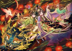 2girls :d ankle_bell arm_up bandaged_leg bandages black_hair braid chinese_clothes cup dragon eastern_dragon facial_mark feixianji_(hairstyle) flower food forehead_mark fruit full_body green_hanfu hagoromo hair_flower hair_ornament hanfu highres holding holding_cup holding_food holding_fruit holding_lantern huadian jiu_niangzi jiu_niangzi_(blossom_spring_fairy) kettle lantern leg_wrap liang_yue_(reverse:1999) long_hair long_skirt low_twin_braids mark_under_both_eyes mask mask_on_head miniskirt minnim multiple_girls open_mouth paper_lantern parted_bangs peach purple_flower purple_hanfu qiangliang_(reverse:1999) red_flower red_skirt reverse:1999 shawl skirt smile snake twin_braids white_shawl wide_sleeves yellow_eyes yellow_skirt