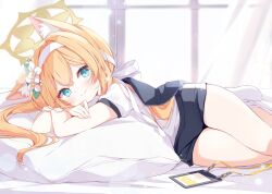 Rule 34 | 1girl, animal ear fluff, animal ears, black shorts, blue archive, blush, cat ears, cat girl, closed mouth, commentary, cowboy shot, green eyes, halo, headband, lanyard, long hair, looking at viewer, lying, mari (blue archive), mari (track) (blue archive), official alternate costume, on bed, on side, orange hair, pillow, shirt, short sleeves, shorts, smile, solo, subin (subin 2011), unworn lanyard, white headband, white shirt, yellow halo