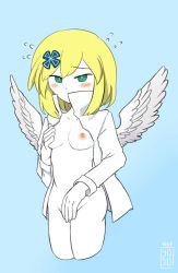 Rule 34 | 1girl, angel girl, angel wings, blonde hair, blue background, blush, breasts, breasts out, bright pupils, carniccity, chelan (funamusea), coat, colored skin, covering privates, cropped legs, dot nose, flying sweatdrops, funamusea, green eyes, haiiro teien, hair ornament, looking at viewer, medium breasts, nipples, open clothes, open coat, short hair, sidelocks, simple background, solo, source request, sweatdrop, watermark, white coat, white pupils, white skin, wings