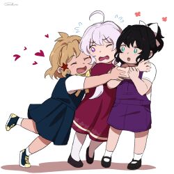 3girls absurdres aged_down ahoge black_hair bow brown_hair cosmikirin dress flying_sweatdrops green_eyes hair_bow hair_ornament heart high_ponytail highres hug kohinata_miku long_hair mary_janes multiple_girls overall_shorts overalls pantyhose ponytail purple_eyes senki_zesshou_symphogear shoes short_hair simple_background sneakers star_(symbol) star_hair_ornament surprised tachibana_hibiki_(symphogear) white_hair white_pantyhose yukine_chris