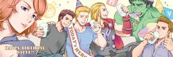 Rule 34 | 1girl, 5boys, animification, arm up, arm warmers, armor, avengers (series), bare shoulders, beard, black hair, blonde hair, blue dress, blue eyes, blue headwear, blue pants, blue shirt, braid, brown eyes, brown hair, cake, cape, clint barton, closed eyes, collarbone, collared shirt, colored skin, commentary request, confetti, cup, dress, drinking, drinking glass, english text, facial hair, fingernails, food, food on face, french braid, green eyes, green skin, grey armor, grey shirt, hand on another&#039;s shoulder, hand up, hands up, happy birthday, holding, holding cake, holding cup, holding food, hulk, lips, long hair, long sleeves, looking at another, looking at viewer, marvel, marvel cinematic universe, multicolored headwear, multiple boys, muscular, muscular male, natasha romanoff, one eye closed, orange hair, pants, red cape, red headwear, sash, shirt, simple background, sitting, sleeveless, sleeveless dress, smile, star (symbol), star print, steve rogers, supalo2015, t-shirt, teeth, thor (marvel), thumbs up, tony stark, turtleneck, turtleneck dress, v-shaped eyebrows, wing collar, yellow background