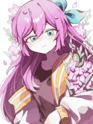 1girl artist_collaboration aubrey_(faraway)_(omori) aubrey_(omori) blue_eyes blue_hairband blush closed_mouth collarbone double-parted_bangs flower gladiolus hairband hanabata0320 highres jacket long_hair long_sleeves omori pink_hair smile solo upper_body white_jacket yuuabara