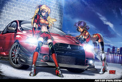arched_back arm_support belt bent_over blonde_hair blue_hair boots car city_lights cloud company_connection dark-skinned_female dark_skin elbow_gloves fingerless_gloves fushigi_no_umi_no_nadia gainax gloves high_heels knee_boots lancer_evolution long_hair md5_mismatch midriff mitsubishi motor_vehicle nadia_la_arwall navel neon_genesis_evangelion night night_sky peter_huu_nguyen popped_collar reflection resolution_mismatch shoes short_hair shorts sky source_smaller souryuu_asuka_langley star star_(sky) starry_sky thighhighs vehicle_focus water