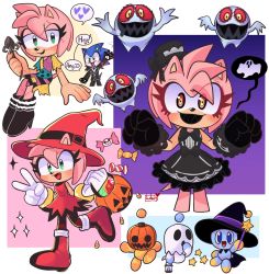 1boy 1girl amy_rose amy_rose_(gothic) black_dress black_headwear black_lips black_teeth boots candy chao_(sonic) colored_teeth dress fangs food frankenstein&#039;s_monster furry furry_female furry_male ghost gloves halloween halloween_bucket halloween_costume hat heartludwig highres lantern lipstick makeup neutral_chao patchwork_clothes pumpkin red_dress smile socks sonic_(series) sonic_runners sonic_the_hedgehog speech_bubble stitches striped_clothes striped_socks undead v watermark white_gloves witch witch_hat wizard wizard_hat