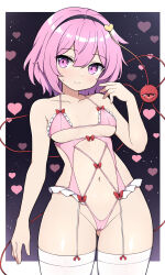 Rule 34 | 1girl, alternate costume, black background, breasts, closed mouth, commentary request, eyeball, heart, heart background, highres, komeiji satori, looking at viewer, medium breasts, navel, pink eyes, pink hair, rizento, short hair, smile, solo, third eye, touhou