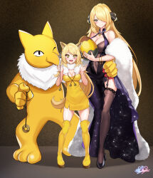 1boy 2girls absurdres animal_ears bangle blonde_hair blush boots bracelet breasts brown_thighhighs cleavage closed_mouth commentary_request covered_navel creatures_(company) cynthia_(pokemon) dress egg eyelashes family father_and_daughter fur_scarf game_freak garter_straps gen_1_pokemon grey_eyes hair_ornament hair_over_one_eye hands_up highres holding holding_egg holding_string hybrid_girl hypno if_they_mated interspecies jewelry large_breasts long_hair looking_at_viewer medium_breasts mother_and_daughter multiple_girls nez-box nintendo pendulum pokemon pokemon_(creature) pokemon_dppt ring scarf shoes short_dress signature smile standing string thigh_boots thighhighs what white_scarf yellow_boots yellow_dress yellow_eyes