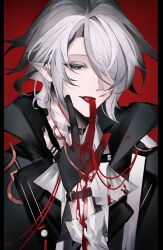 1boy arknights ascot black_border black_coat black_eyes black_gloves black_nails blood blood_on_hands border choker coat commentary duq&#039;arael_(arknights) gloves gradient_background grey_hair hair_over_one_eye high_collar highres licking_blood looking_at_viewer male_focus nail_polish partially_fingerless_gloves pointy_ears red_background senjunamako_(hakiaya) shirt sidelocks simple_background solo tongue tongue_out white_ascot white_shirt