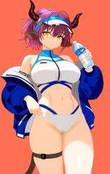 1girl adjusting_clothes adjusting_swimsuit animal_ears arknights armpit_crease bare_shoulders bikini blue_hat blue_jacket bottle breasts brown_horns brown_tail closed_mouth commentary_request cowboy_shot drink groin hair_between_eyes hat highres holding holding_bottle holding_drink horns infection_monitor_(arknights) jacket large_breasts long_sleeves looking_at_viewer navel off_shoulder official_alternate_costume orange_background plastic_bottle purple_hair sgt_syunkai2_(myyards) short_hair sideroca_(arknights) sideroca_(light_breeze)_(arknights) simple_background solo sports_bikini standing stomach swimsuit tail thigh_strap thighs visor_cap water_bottle white_bikini white_hat white_jacket yellow_eyes zipper