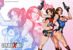 Rule 34 | 2girls, ass, bandages, breasts, capcom, claire redfield, cleft of venus, darkereve, deviantart thumbnail, female focus, gun, jill valentine, multiple girls, pussy, resident evil, resident evil 2, resized, torn clothes, weapon