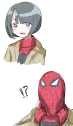 Rule 34 | !?, 1girl, absurdres, black hair, blue eyes, blush, bob cut, character request, cosplay, grey background, gundam, gundam gquuuuuux, hebi (rarata6o), highres, jacket, looking at viewer, marvel, mask, multiple views, open mouth, shirt, short hair, simple background, smile, solo focus, spider-man, spider-man (cosplay), spider-man (series), turtleneck