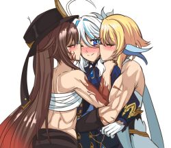 3girls ;) ahoge bandages bare_shoulders black_hat blonde_hair blue_eyes blue_jacket blush brooch brown_hair chest_sarashi closed_eyes commentary dress furina_(genshin_impact) genshin_impact gloves hair_intakes hat hu_tao_(genshin_impact) jacket jewelry long_hair long_sleeves looking_at_viewer lumine_(genshin_impact) midriff multiple_girls muscular muscular_female nose_blush one_eye_closed polygamy sarashi simple_background smile strapless tube_top upper_body very_long_hair white_background white_dress white_gloves white_hair yukiart_83 yuri