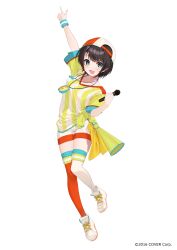 1girl :d absurdres aqua_eyes arm_up asymmetrical_legwear backwards_hat baseball_cap black_hair borumete commentary_request copyright_notice full_body hat highres holding holding_microphone hololive looking_at_viewer microphone mismatched_legwear official_art oozora_subaru oozora_subaru_(1st_costume) open_mouth outstretched_arm pointing pointing_up red_thighhighs shirt shoes short_hair short_sleeves shorts smile sneakers solo stopwatch striped_clothes striped_shirt sweatband swept_bangs t-shirt thighhighs tied_shirt two-tone_headwear two-tone_shirt v-neck vertical-striped_clothes vertical-striped_shirt virtual_youtuber watch whistle white_shirt white_shoes white_shorts white_thighhighs wristband yellow_shirt