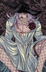 Rule 34 | 1boy, absurdres, alcina dimitrescu, alcina dimitrescu (cosplay), black hat, cosplay, crossdressing, crossdressing (mtf), danggo99, dress, fishnet thighhighs, fishnets, garter straps, hat, highres, jojo no kimyou na bouken, leone abbacchio, licking lips, lipstick, long hair, makeup, male focus, pectoral cleavage, pectorals, purple hair, red lips, resident evil, resident evil village, sitting, solo, thighhighs, tongue, tongue out, vento aureo, white dress, yellow eyes