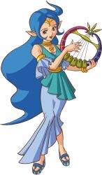1girl blue_eyes blue_hair bracelet detached_sleeves dress harp highres instrument jewelry looking_to_the_side music nayru nintendo official_art open_mouth original platform_sandals playing_instrument sandals solo_focus the_legend_of_zelda the_legend_of_zelda:_oracle_of_ages two-tone_dress